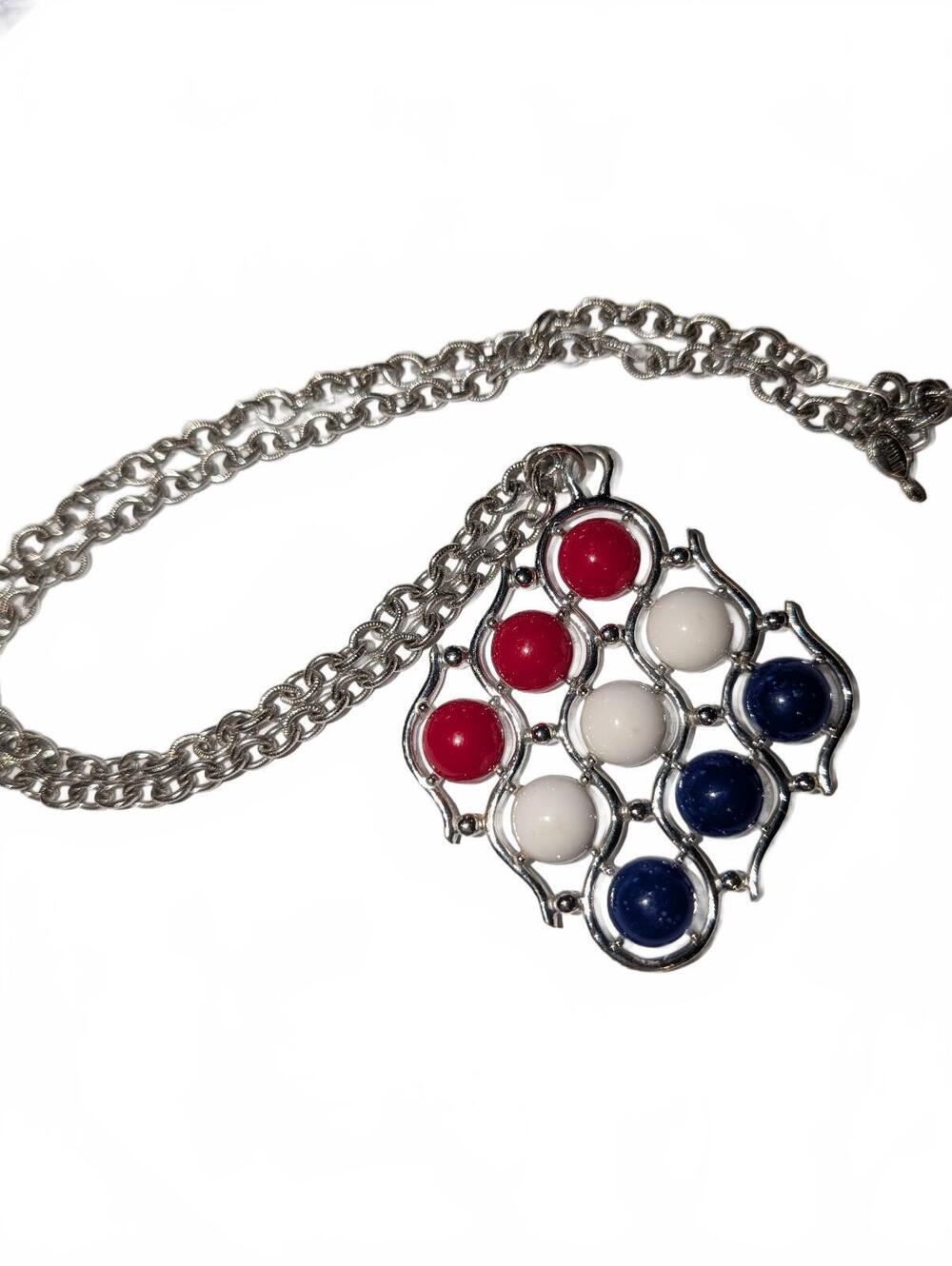 Vintage Style Red, White, and Blue Pendant Necklace with Silver Chain Sarah Cov